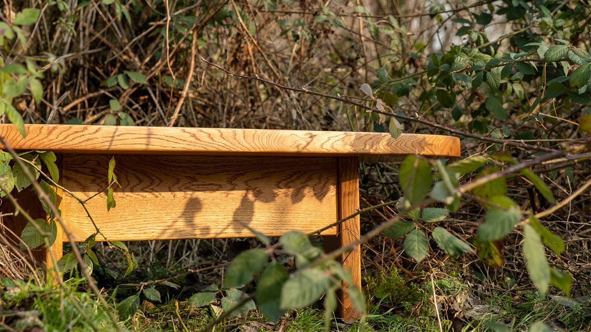 An oak coffee table in the woods