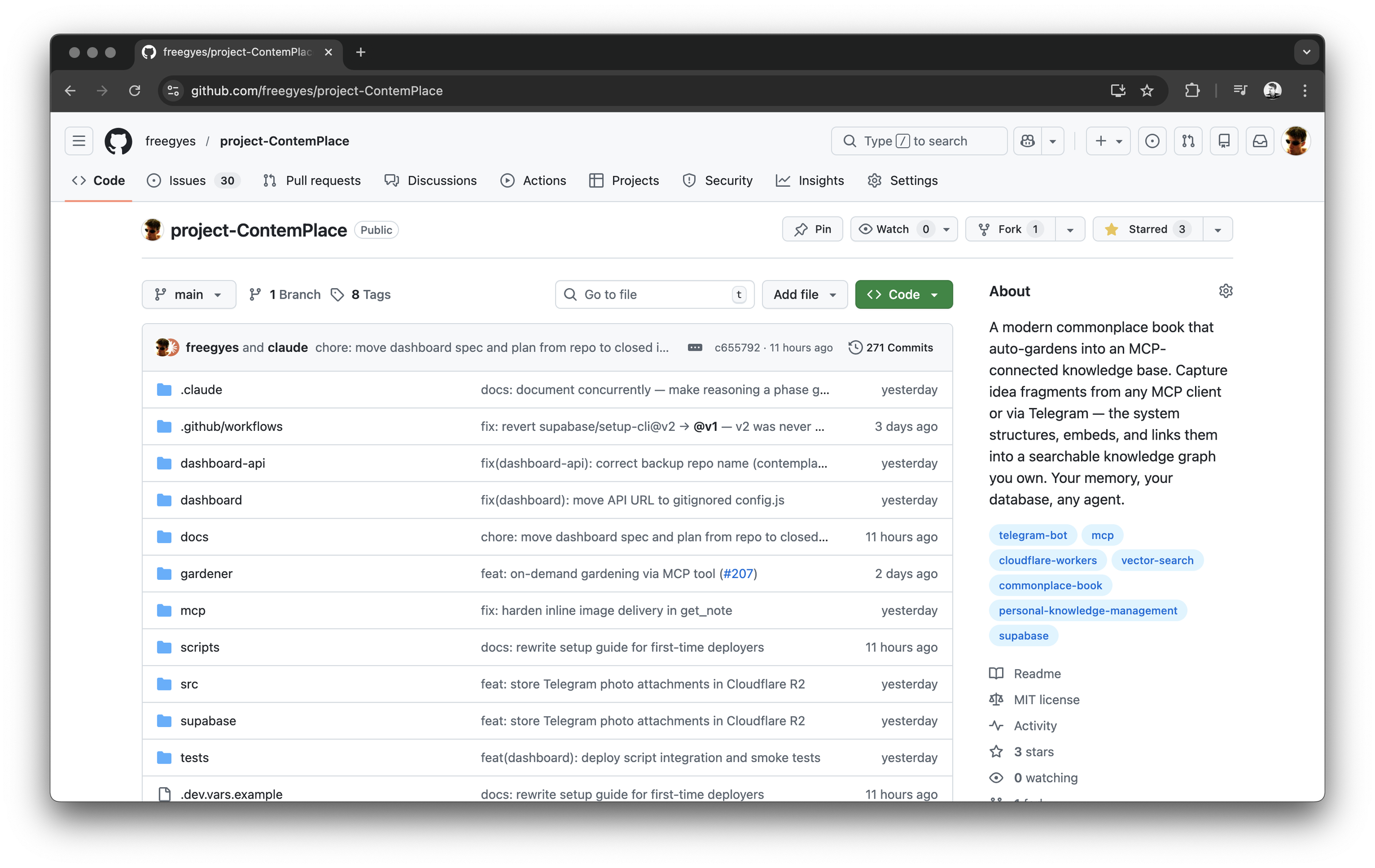 The ContemPlace GitHub repository showing the project structure, recent commits, and description