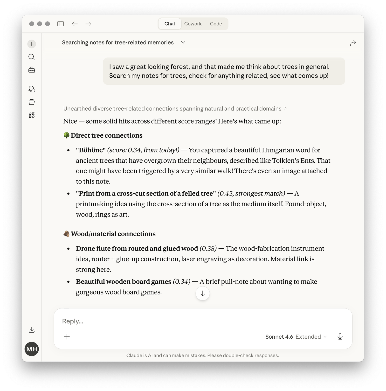 Claude.ai searching for tree-related notes and returning direct tree connections and unexpected wood and material connections